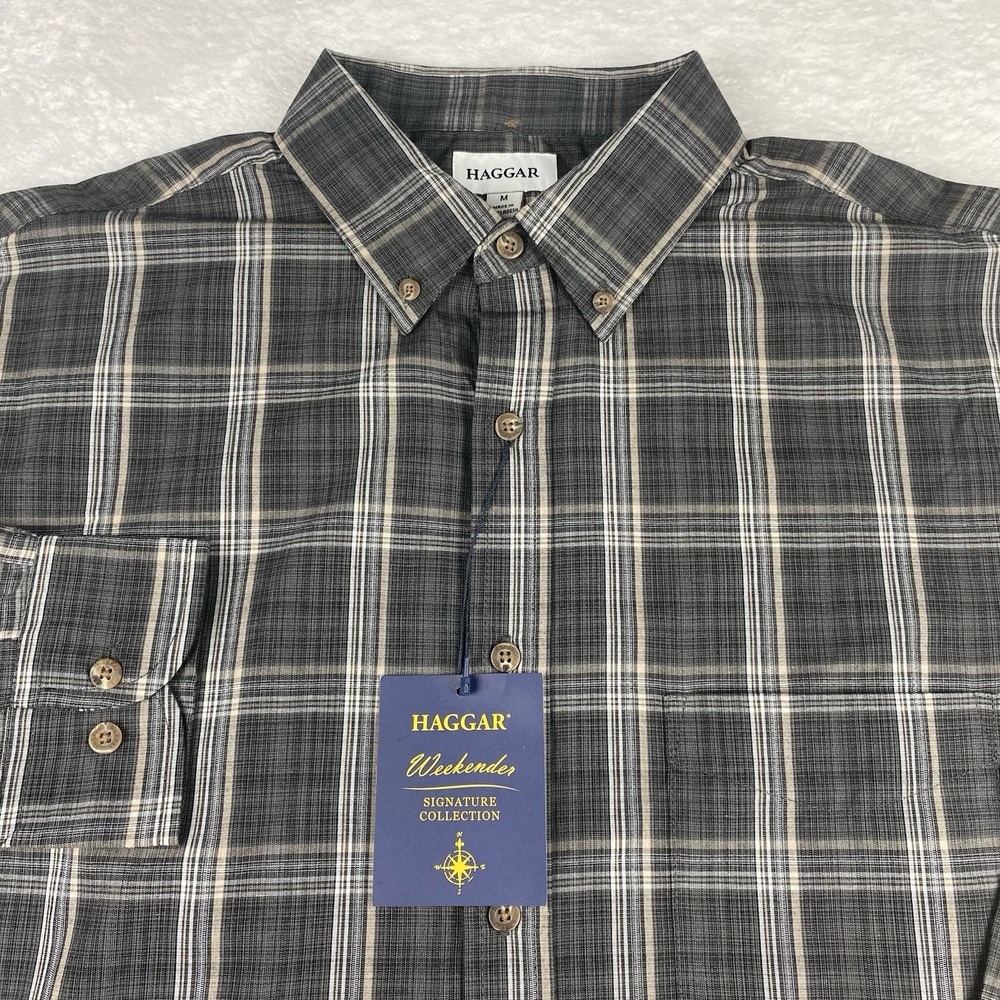 Haggar‎ "Weekender" Shirt Mens Medium Gray/Brown Plaid Regular Wrinkle Free NWT!